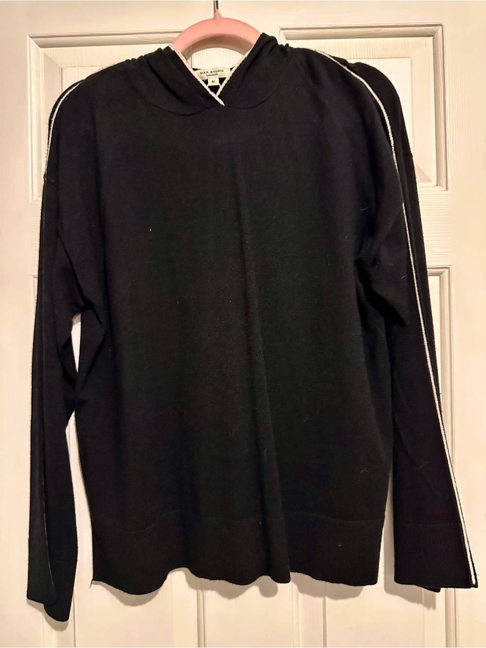 Max Studio Black Hoodie Sweater with White Contrast Piping Trim